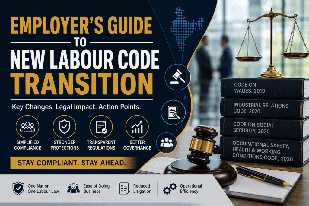 New Labour Codes India 2026 guide for employers with legal books, gavel and scales of justice