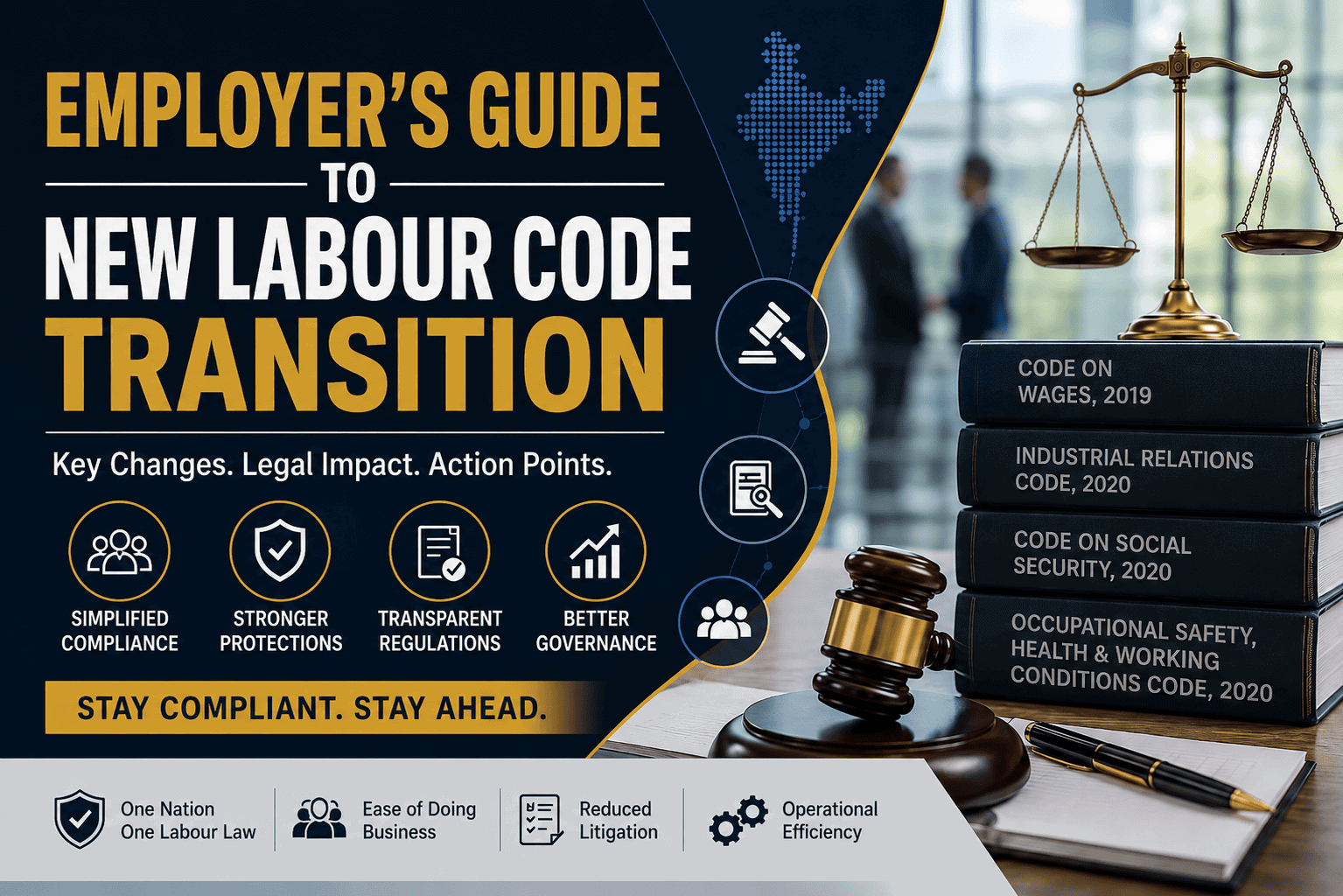 New Labour Codes India 2026 guide for employers with legal books, gavel and scales of justice