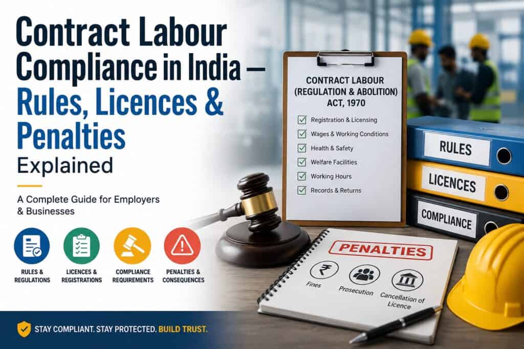 Contract labour compliance in India, showing the CLRA Act, rules, licences, compliance requirements, penalties, and workplace safety.