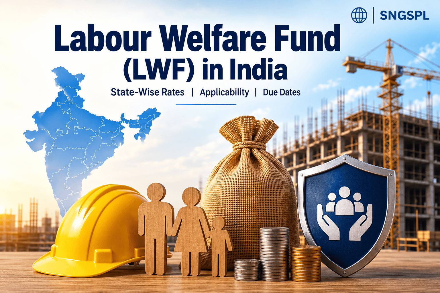 Labour Welfare Fund (LWF) in India infographic showing state-wise rates, applicability and due dates, with an India map, construction worker safety symbols, family figures, fund bag, coins and welfare shield, featuring the SNGSPL logo.