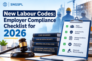 **Alt text:** New Labour Codes: Employer Compliance Checklist for 2026 – SNGSPL guide covering wages, social security, working conditions, registrations, and record keeping