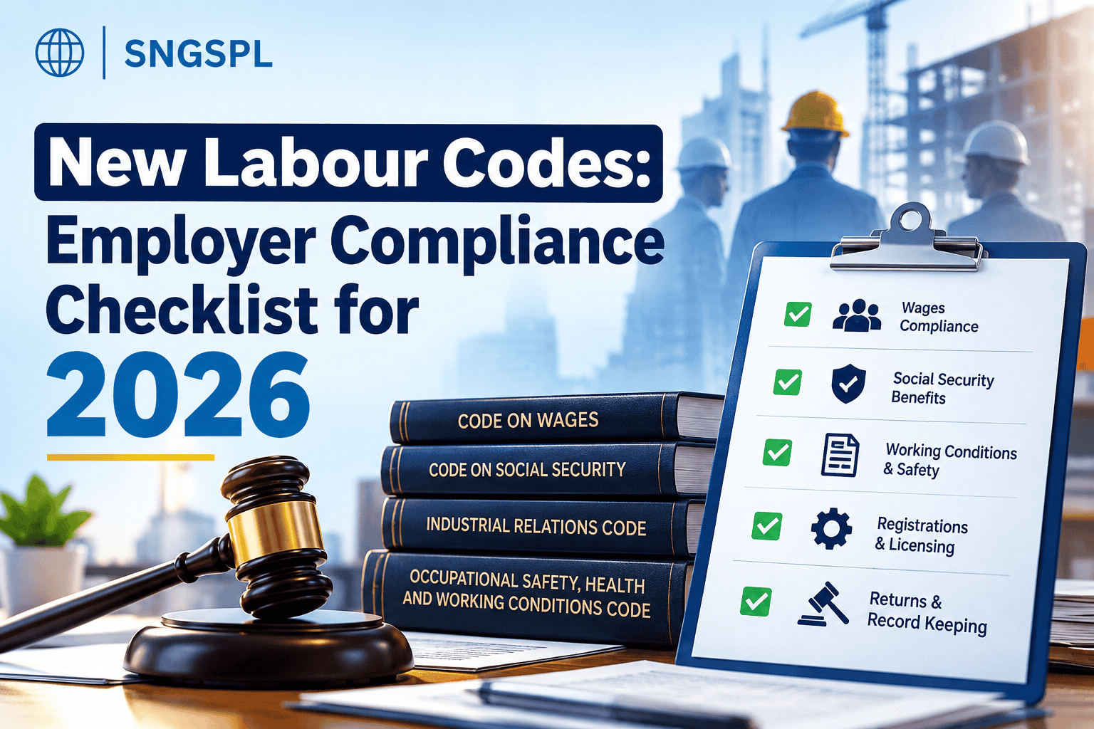 **Alt text:** New Labour Codes: Employer Compliance Checklist for 2026 – SNGSPL guide covering wages, social security, working conditions, registrations, and record keeping