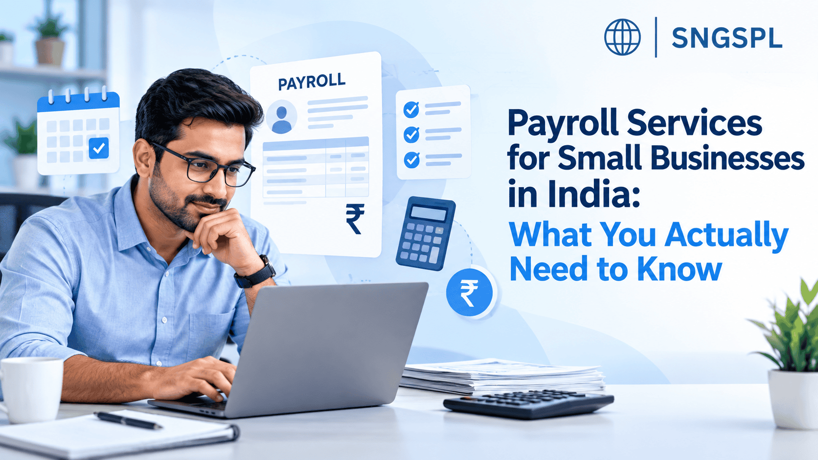 Alt Text: Payroll services for small businesses in India, featuring payroll management, employee salary processing, compliance documents, and SNGSPL branding.